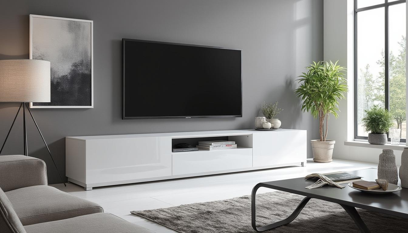 plongez dans l'élégance contemporaine avec le meuble tv design blanc laqué cavalli, une pièce maîtresse pour sublimer votre salon moderne. alliant fonctionnalité et esthétisme, ce meuble apporte une touche de raffinement et de style à votre intérieur.