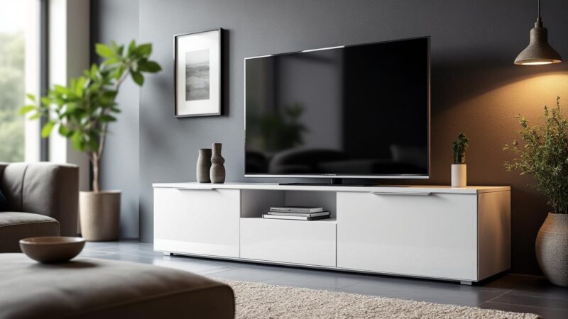 Découvrez le charme du meuble TV design blanc laqué Cavalli pour votre salon moderne