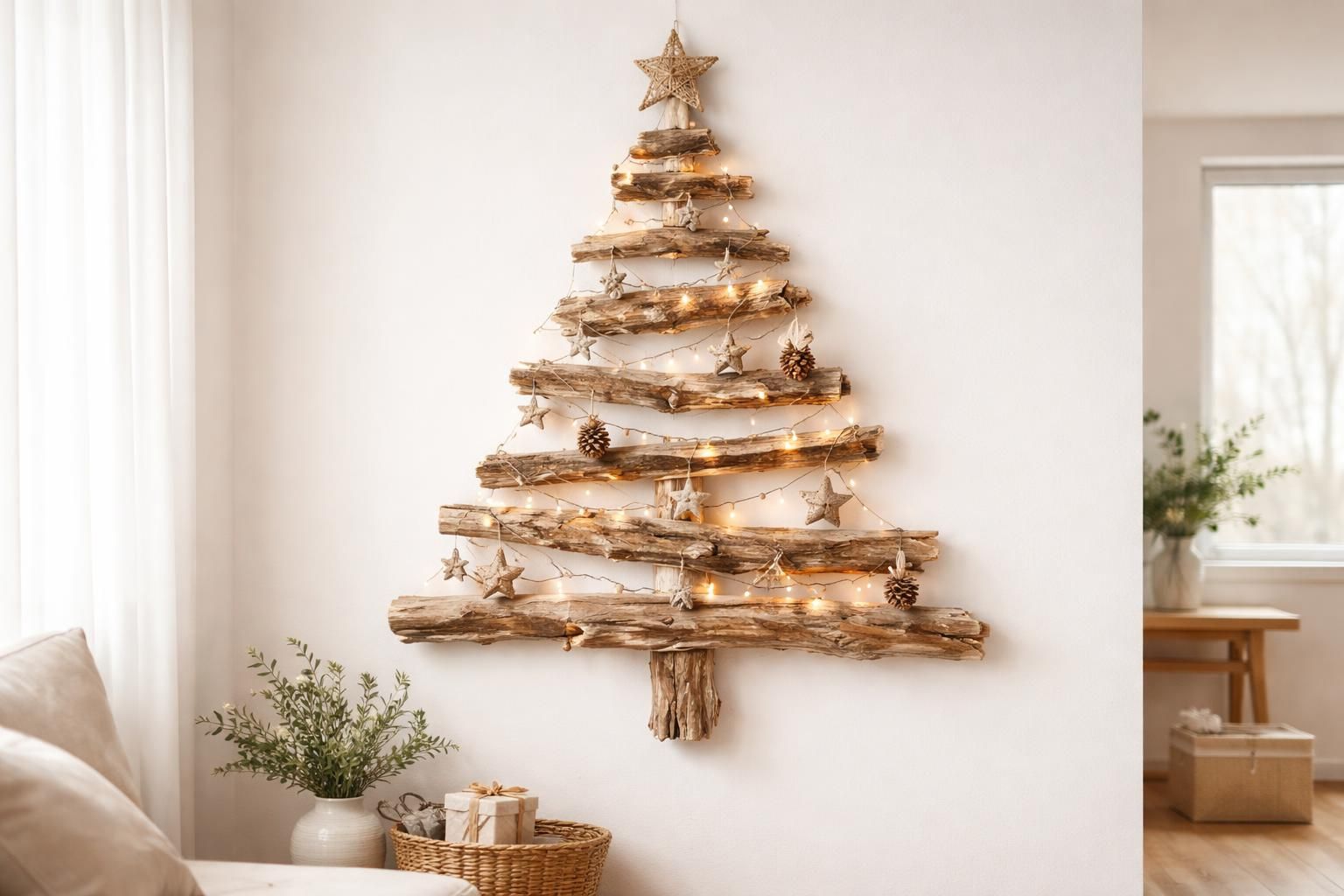 Sapin mural en bois flotté : une alternative gain de place et écologique au Noël