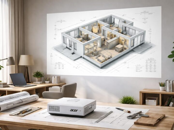 Rénovation : plan 3D affiché au mur via vidéoprojecteur Acer