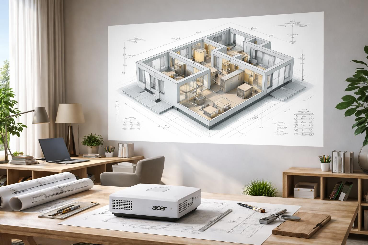 Rénovation : plan 3D affiché au mur via vidéoprojecteur Acer