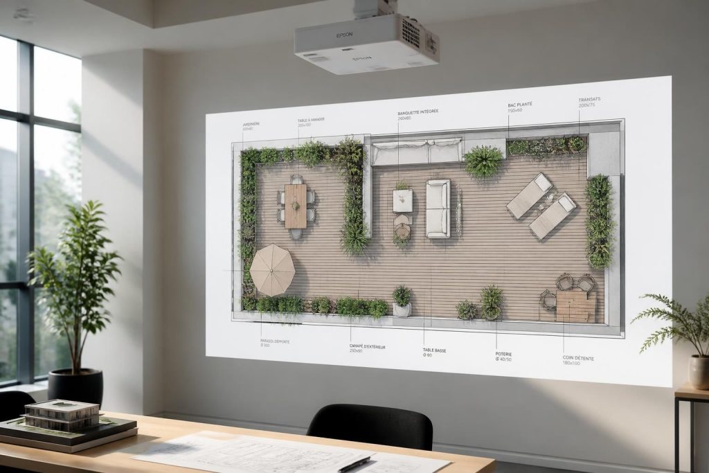 Afficher un plan d’aménagement de terrasse en grand format via un vidéoprojecteur Epson