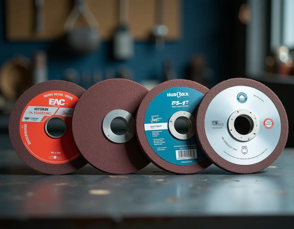 Comparaison de différents disques à tronçonner métal posés sur un établi en acier
