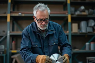 Ouvrier métallurgiste examinant un disque à tronçonner métal dans un atelier industriel