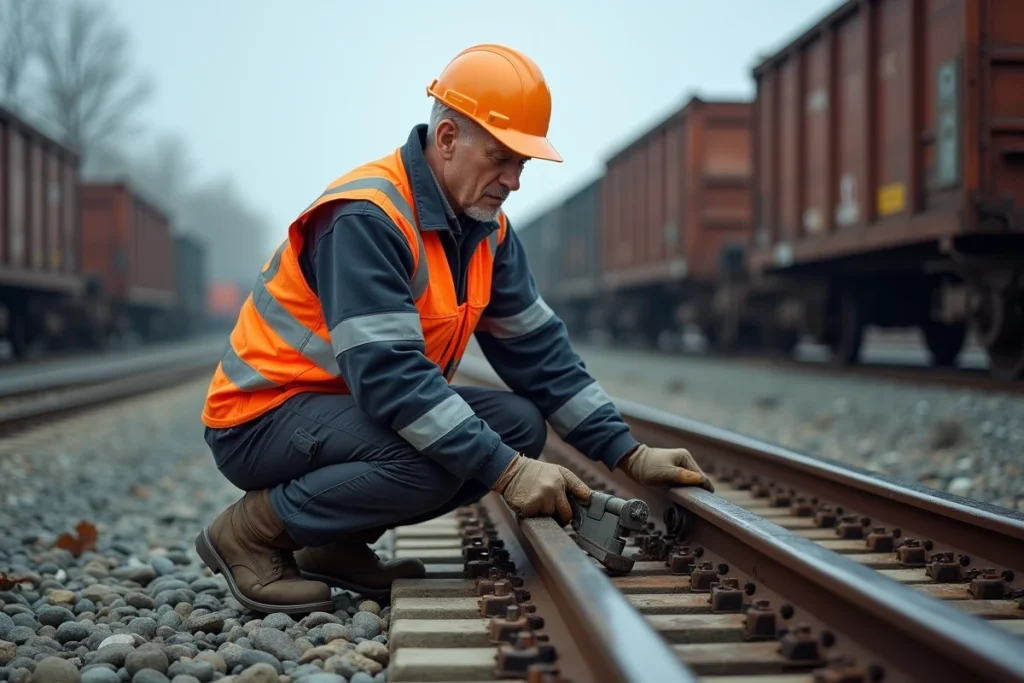 Technicien ferroviaire inspectant une traverse en bois créosoté lors d'une opération de maintenance sur une voie ferrée industrielle, équipé d'un gilet haute visibilité orange