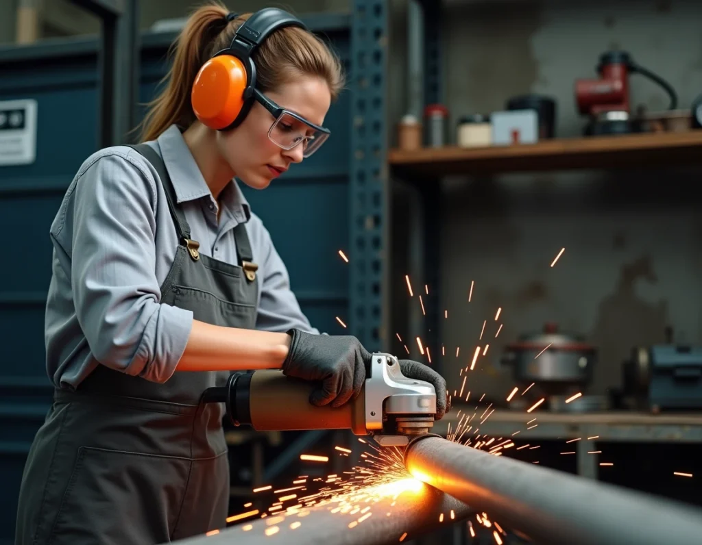Technicienne utilisant une meuleuse avec disque à tronçonner pour couper un tube en acier