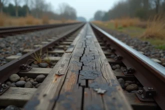 Traverses en bois de chemin de fer imprégnées de créosote sur un ballast de voie ferrée rurale en France, texture de bois vieilli et résidu noir de goudron visibles en gros plan
