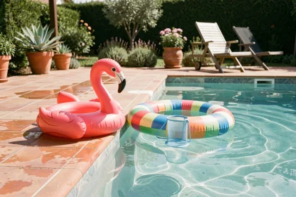 Accessoires flottants colorés pour piscine en été : flamant gonflable, bouée rayée et porte-boisson dans une piscine résidentielle ensoleillée