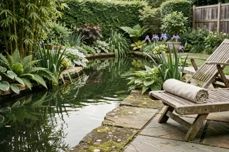 Espace détente aménagé autour d'un bassin de jardin avec des plantes ornementales et un transat en teck sur une terrasse en pierre