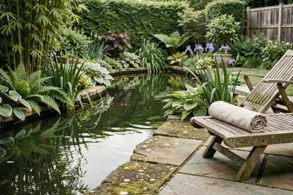 Espace détente aménagé autour d'un bassin de jardin avec des plantes ornementales et un transat en teck sur une terrasse en pierre