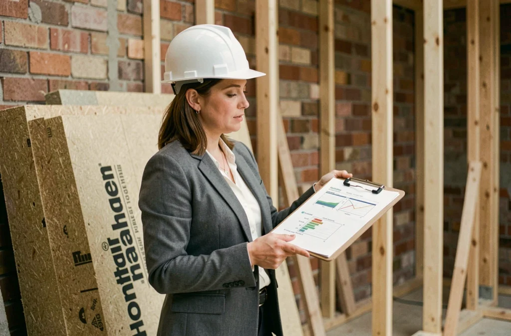 Architecte vérifiant les calculs de résistance thermique pour l'isolation fibre de bois en rénovation