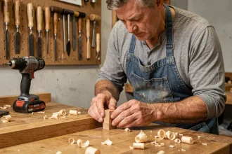 Artisan menuisier testant un assemblage à tenon et mortaise en chêne dans un atelier moderne équipé d'outils électroportatifs