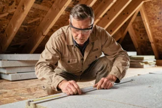 Artisan mesurant un panneau isolant en fibre de bois Homatherm lors d'une rénovation de combles