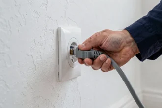 Électricien branchant un câble ethernet dans une prise RJ45 murale blanche lors de l'installation d'un réseau domestique