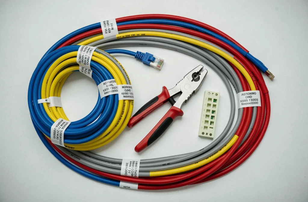 Câbles ethernet RJ45 multicolores organisés en vue à plat avec connecteurs et outil de sertissage pour réseau domestique