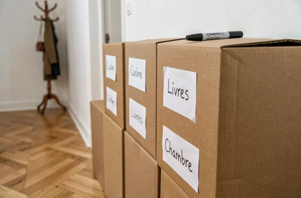 Cartons de déménagement empilés et étiquetés par catégorie dans un couloir d'appartement