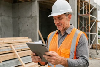 Chef de chantier en gilet haute visibilité consultant un plan sur tablette sur un chantier de rénovation résidentielle