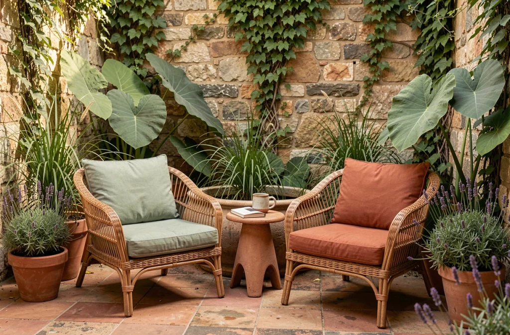 Coin détente avec fauteuils en rotin et plantes méditerranéennes aménagé au bord d'un bassin en pierre dans une cour intérieure