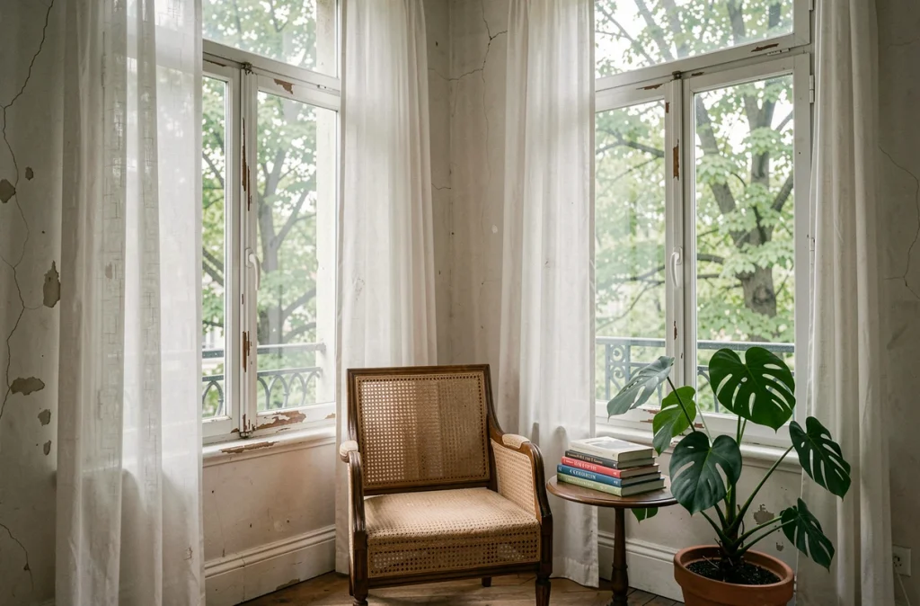 Coin lecture printanier dans un appartement haussmannien avec fauteuil en rotin, rideaux en lin et arbres en fleurs visibles par la fenêtre