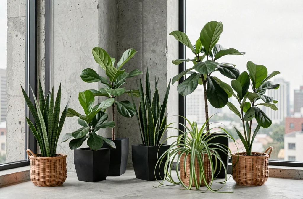 Coin salon urbain avec une collection de plantes dépolluantes dans des pots graphiques, figuier lyré, sansevière et chlorophytum