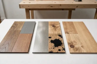 Comparatif de trois échantillons de parquet en bois avec finitions différentes, dont un noirci par des taches