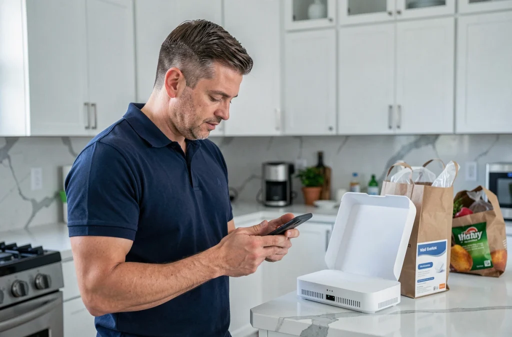 Homme configurant un nouveau routeur Wi-Fi après un changement d'adresse et transfert d'abonnement internet