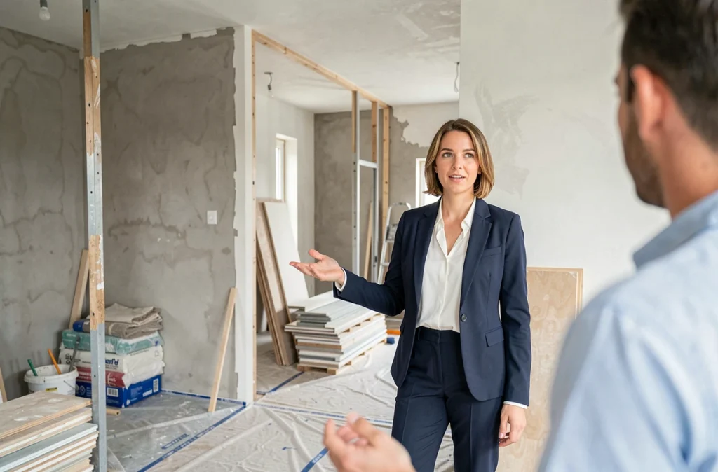 Conseillère en rénovation expliquant les mesures de sécurité à un propriétaire dans un appartement en travaux