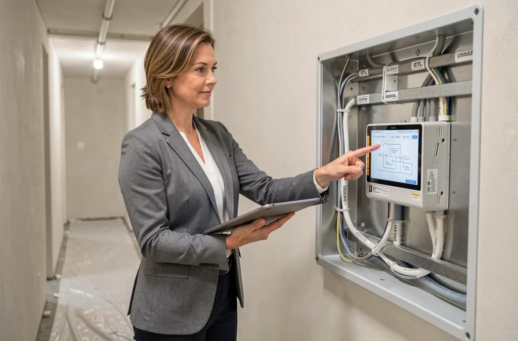 Consultante en domotique présentant un tableau GTL avec conduits câblés dans le couloir technique d'une maison neuve