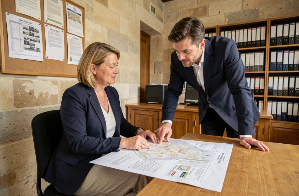 Femme consultant le règlement d'urbanisme local en mairie avec un agent administratif pour connaître la hauteur légale des murs mitoyens