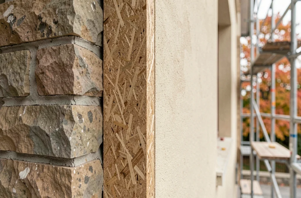 Coupe transversale d'un mur rénové avec panneau isolant en fibre de bois montrant les différentes couches thermiques