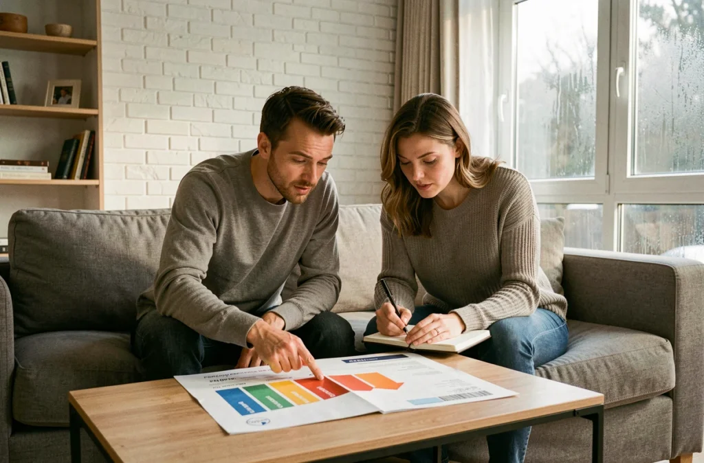 Couple étudiant ensemble un certificat de performance énergétique sur une table basse dans un salon moderne