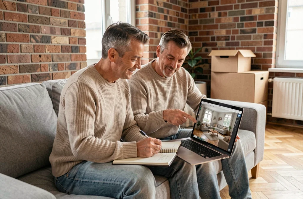 Couple planifiant l'aménagement de leur nouveau salon avec un logiciel de design intérieur sur laptop