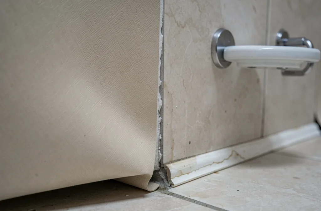 Détail d'une dalle PVC murale décollée dans un coin de salle de bain montrant une erreur d'installation et infiltration d'humidité