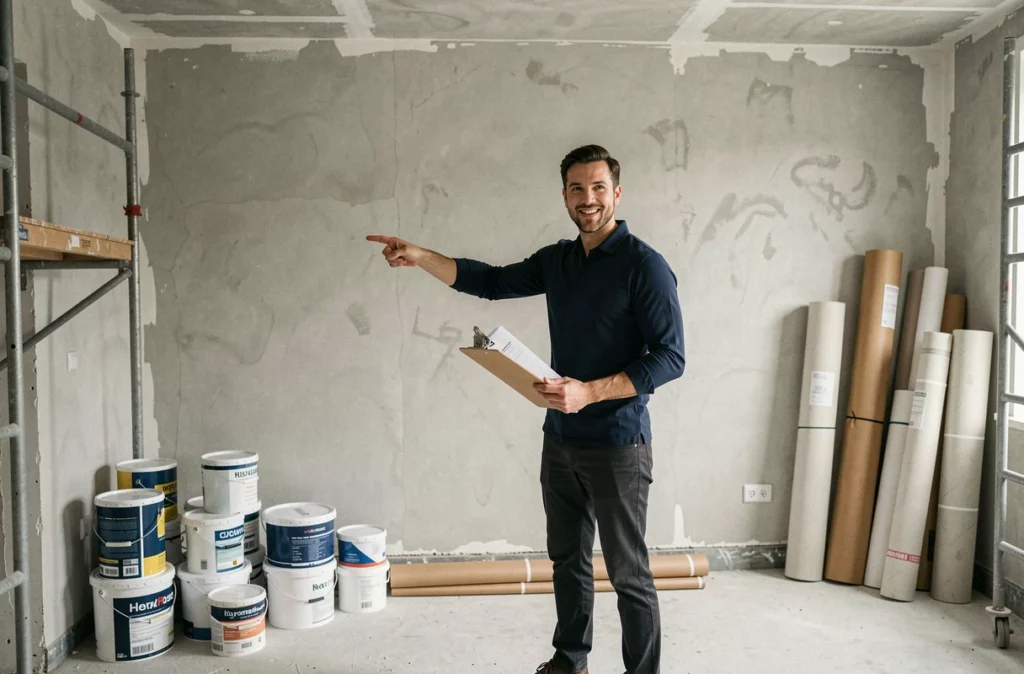Décorateur intérieur professionnel tenant un devis travaux dans un salon en cours de rénovation avec des matériaux de construction