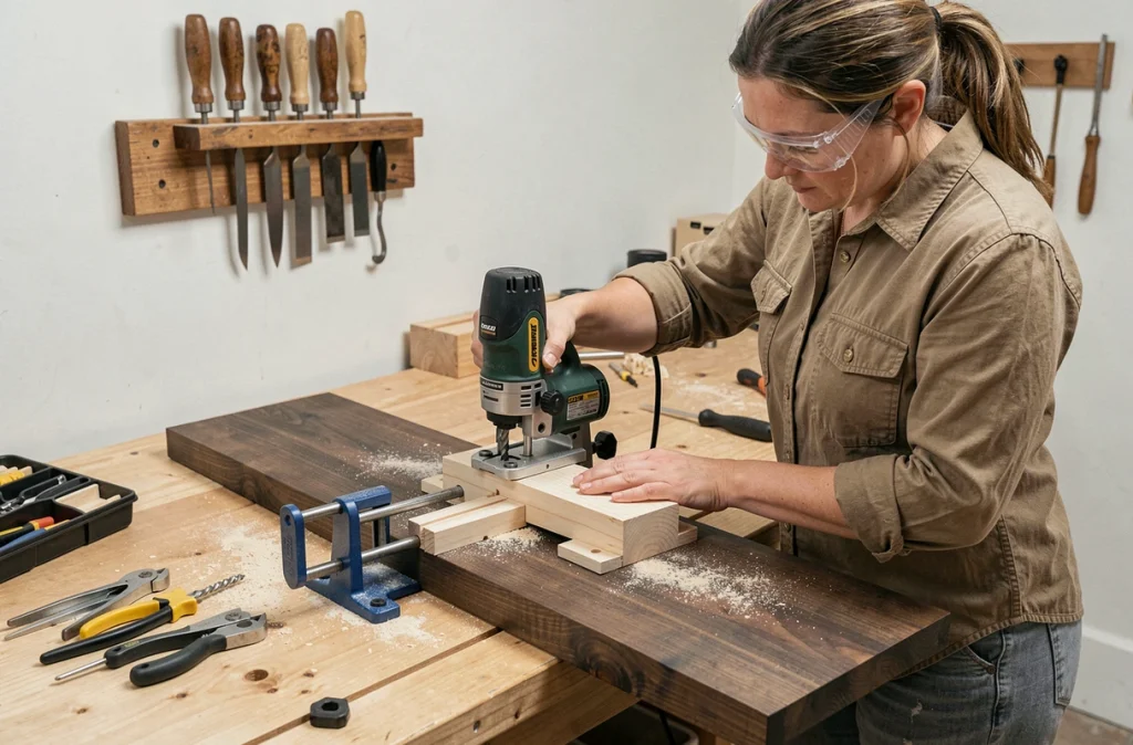 Femme utilisant une défonceuse électrique avec gabarit pour réaliser une mortaise précise dans un bois dur en atelier