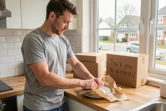 Homme emballant des affaires dans des cartons un matin de semaine calme pour un déménagement sans stress