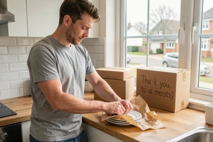 Homme emballant des affaires dans des cartons un matin de semaine calme pour un déménagement sans stress