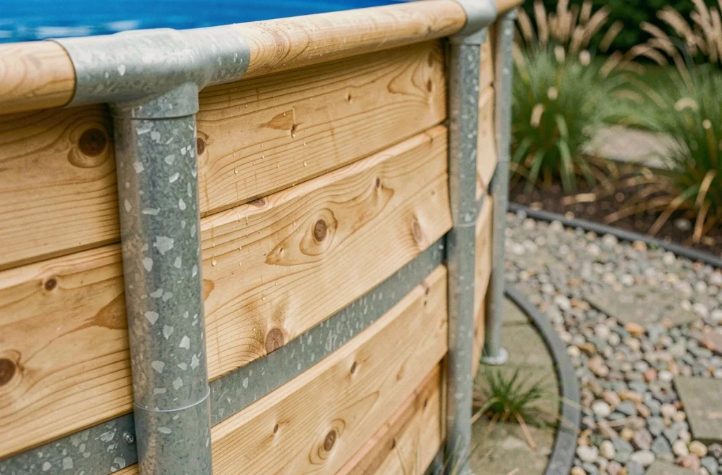 Détail des lames en bois et cerclages métalliques d'une piscine hors sol dans un jardin résidentiel