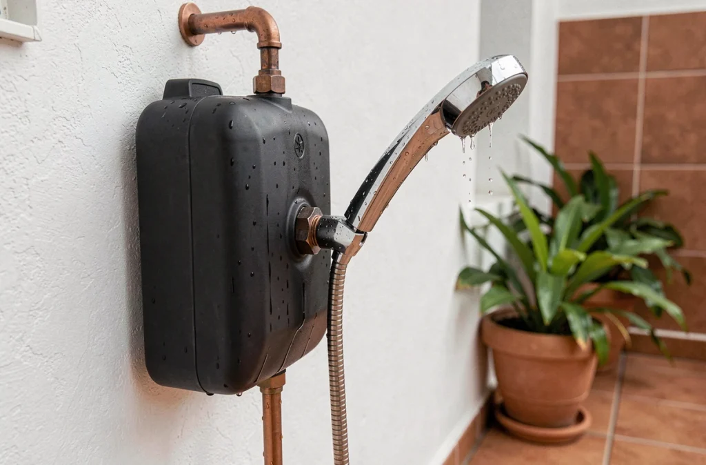 Détail d'une douche solaire murale avec réservoir noir, raccords cuivre et plantes tropicales sur carrelage en terre cuite