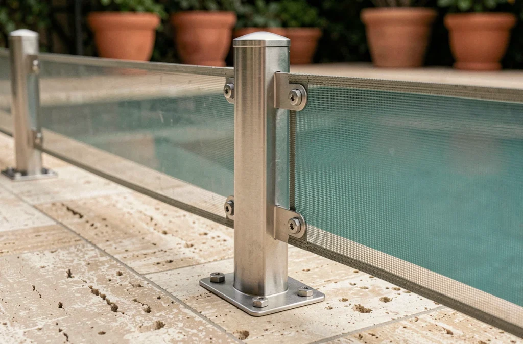 Détail d'un poteau en acier inoxydable fixant une barrière de sécurité piscine sur une dalle en travertin