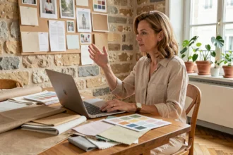 Femme consultant un devis décoration intérieure avec des échantillons de tissu et un ordinateur portable dans un appartement parisien rénové