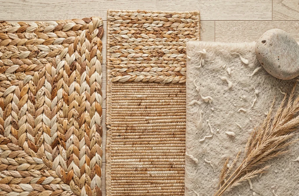 Vue aérienne de trois échantillons de tapis en fibres naturelles sisal herbe de mer et laine sur parquet clair