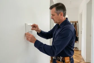 Électricien installant un interrupteur Legrand double va-et-vient sur un mur blanc dans un couloir d'appartement moderne