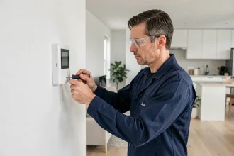 Électricien professionnel installant un tableau domotique sur un mur blanc dans un salon moderne et minimaliste