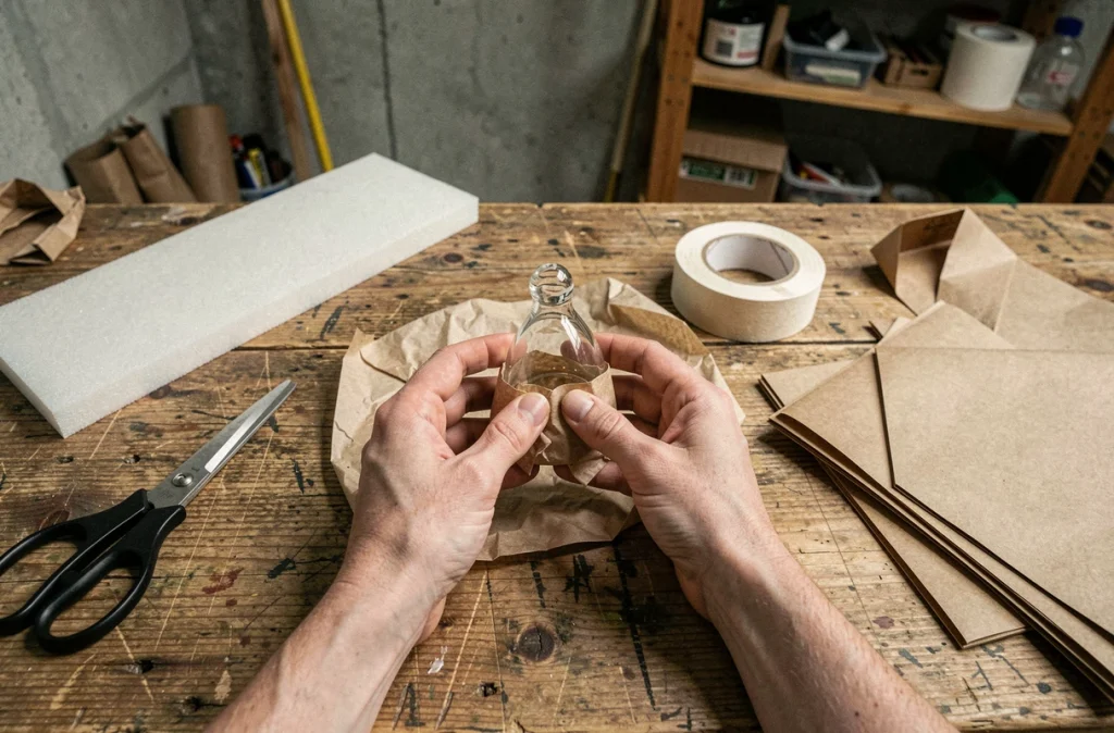 Gros plan de mains emballant une figurine en verre dans du papier de soie sur un établi, avec des matériaux d'emballage organisés autour