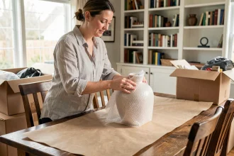 Femme emballant un vase fragile dans du papier bulle avant un déménagement, entourée de cartons et de matériaux d'emballage sur une table en bois