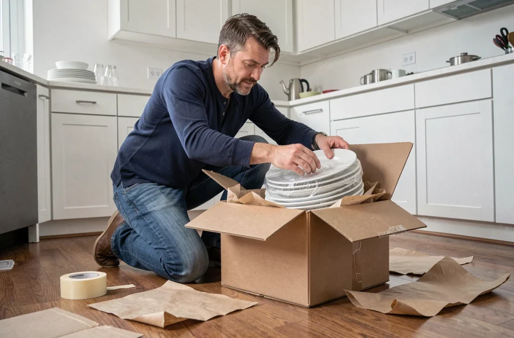 Homme plaçant des assiettes emballées dans un carton de déménagement sur un parquet, entouré de matériaux d'emballage dans une cuisine minimaliste