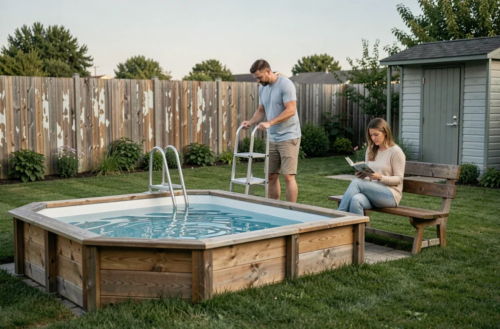 Couple profitant d'une piscine hors sol en bois dans un petit jardin de maison individuelle