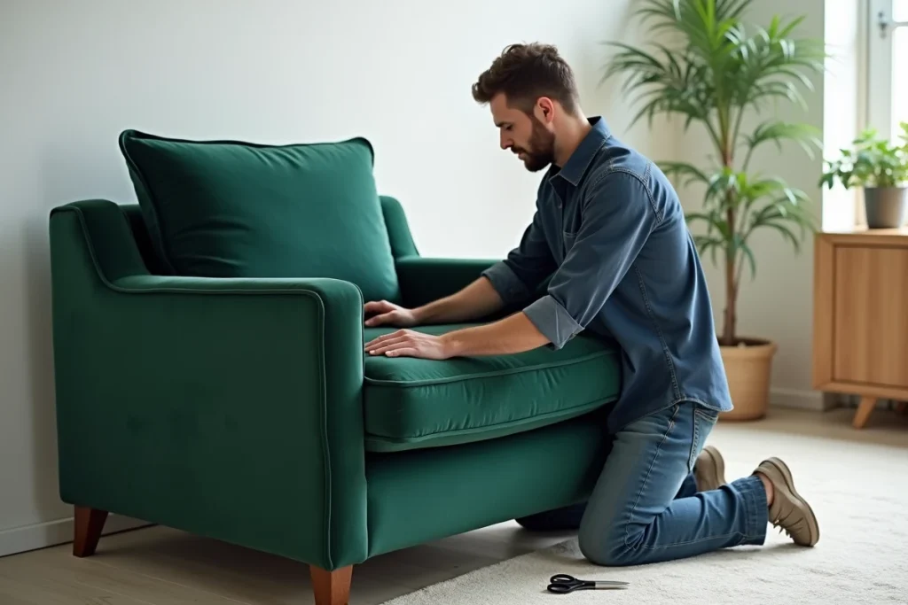 Homme finissant de retapisser un fauteuil Voltaire en velours vert dans un salon scandinave