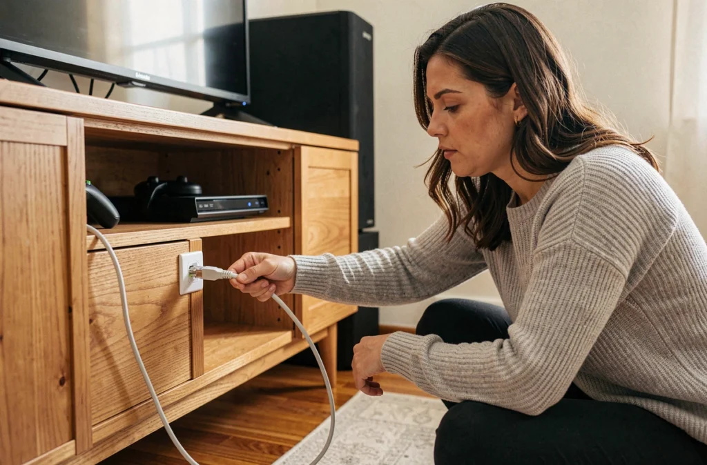 Femme branchant un câble RJ45 plat dans une prise réseau murale dans un salon avec meuble TV moderne